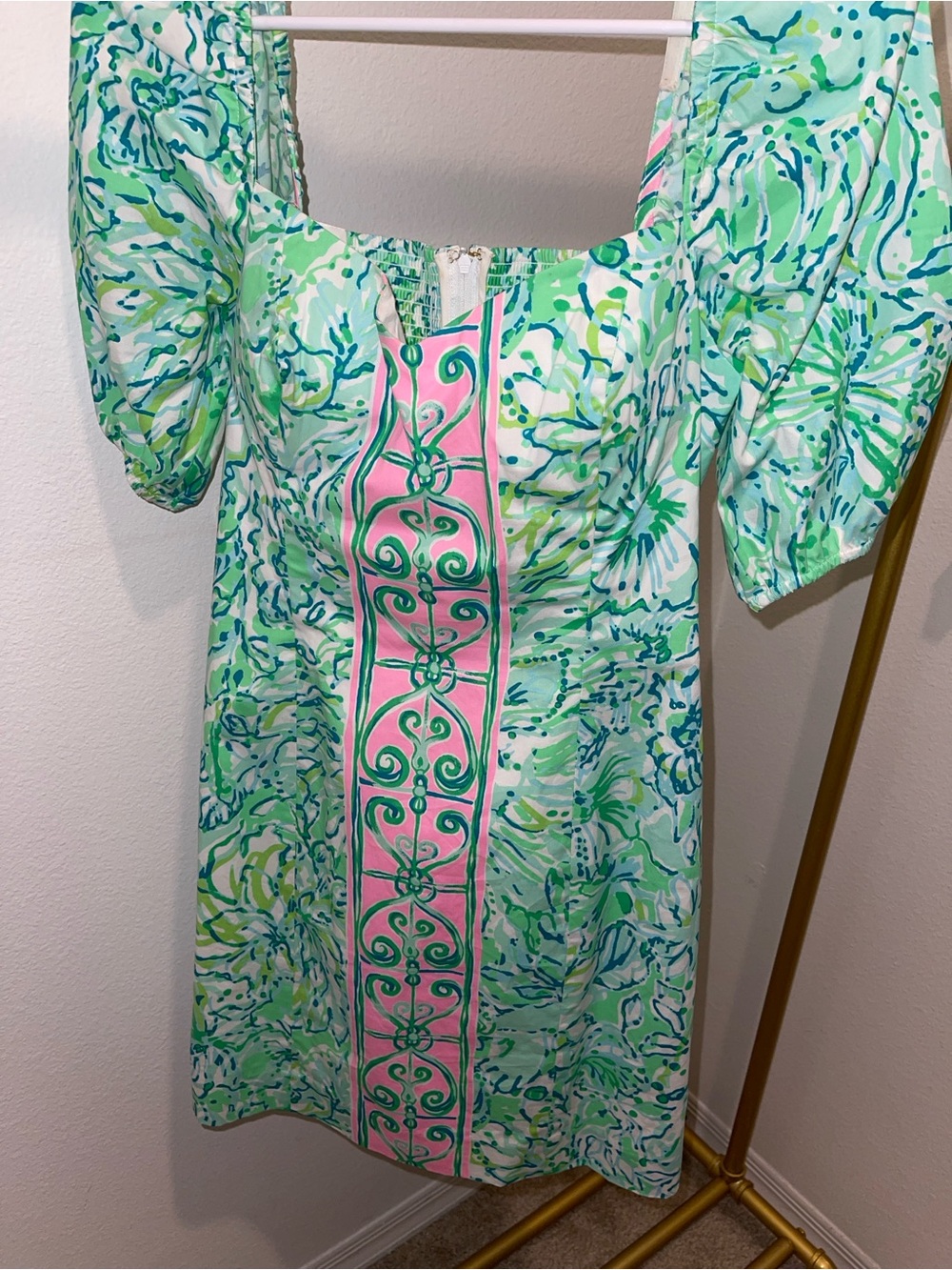 Lilly Pulitzer Mint Green & Pink Puff-Sleeve Shift Dress - Picture 2 of 6